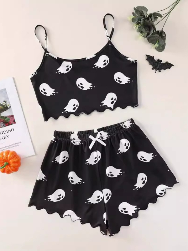 Halloween Theme Print Galore Crop Top Shorts Pajama Set Halloween | Chuzko.com