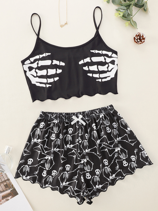 Halloween Theme Print Galore Crop Top Shorts Pajama Set	