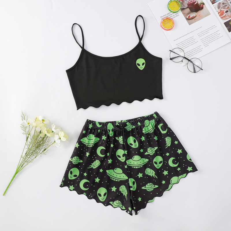 Halloween Theme Print Galore Crop Top Shorts Pajama Set Halloween | Chuzko.com