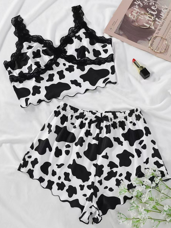 Cow Print Lace Trim Camisole Pajama Set - Sleepwear Pajamas | Chuzko.com