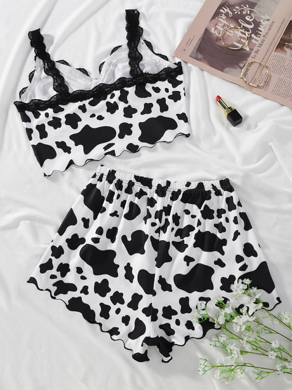 Cow Print Lace Trim Camisole Pajama Set - Sleepwear Pajamas | Chuzko.com