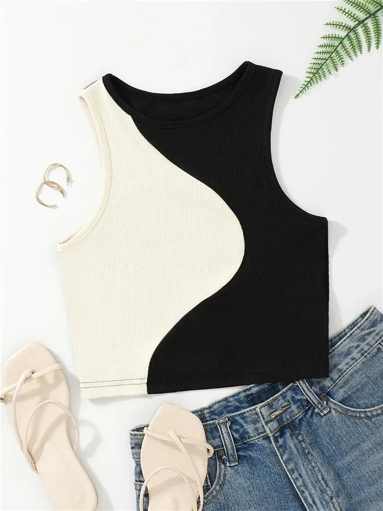 Patchwork Rib Knit Sleeveless Crop Top - Tank Top Tee Crop Tops | Chuzko.com