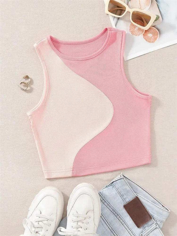 Patchwork Rib Knit Sleeveless Crop Top - Tank Top Tee Crop Tops | Chuzko.com