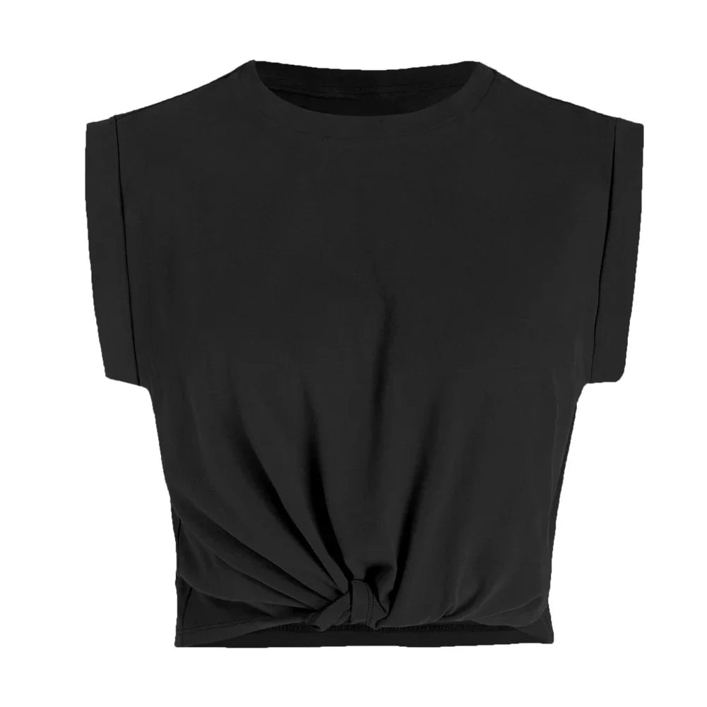 Tummy Knot Twist Cropped Solid Tee Tees | Chuzko.com