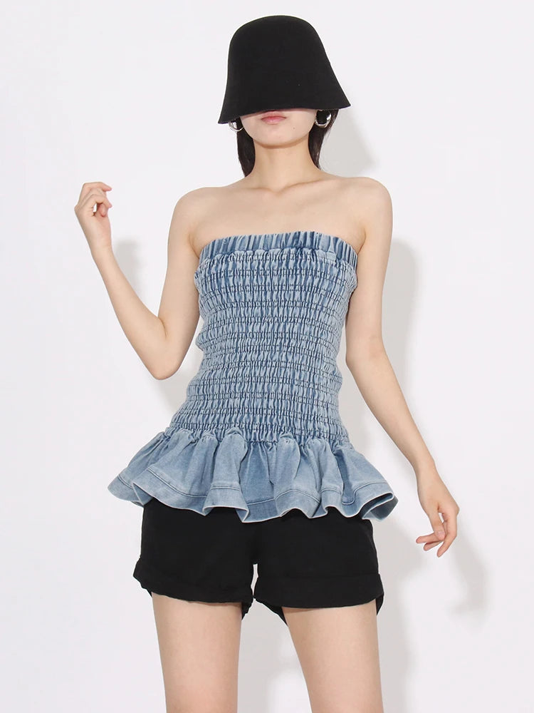 Denim Tube Top with Ruffle Hem Tube Tops | Chuzko.com