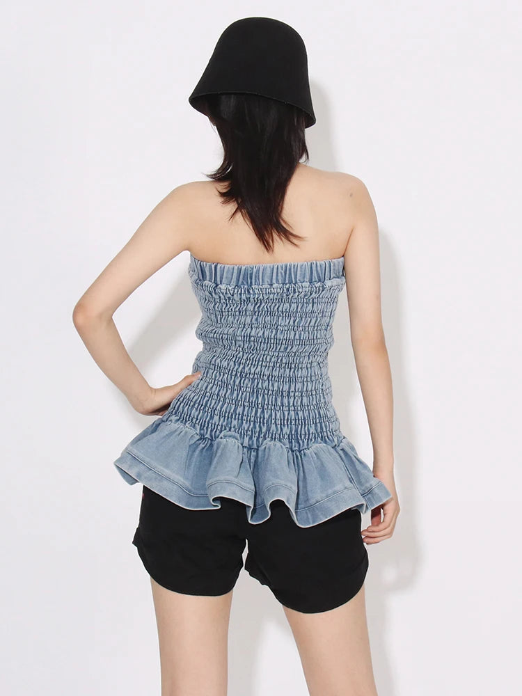 Denim Tube Top with Ruffle Hem Tube Tops | Chuzko.com