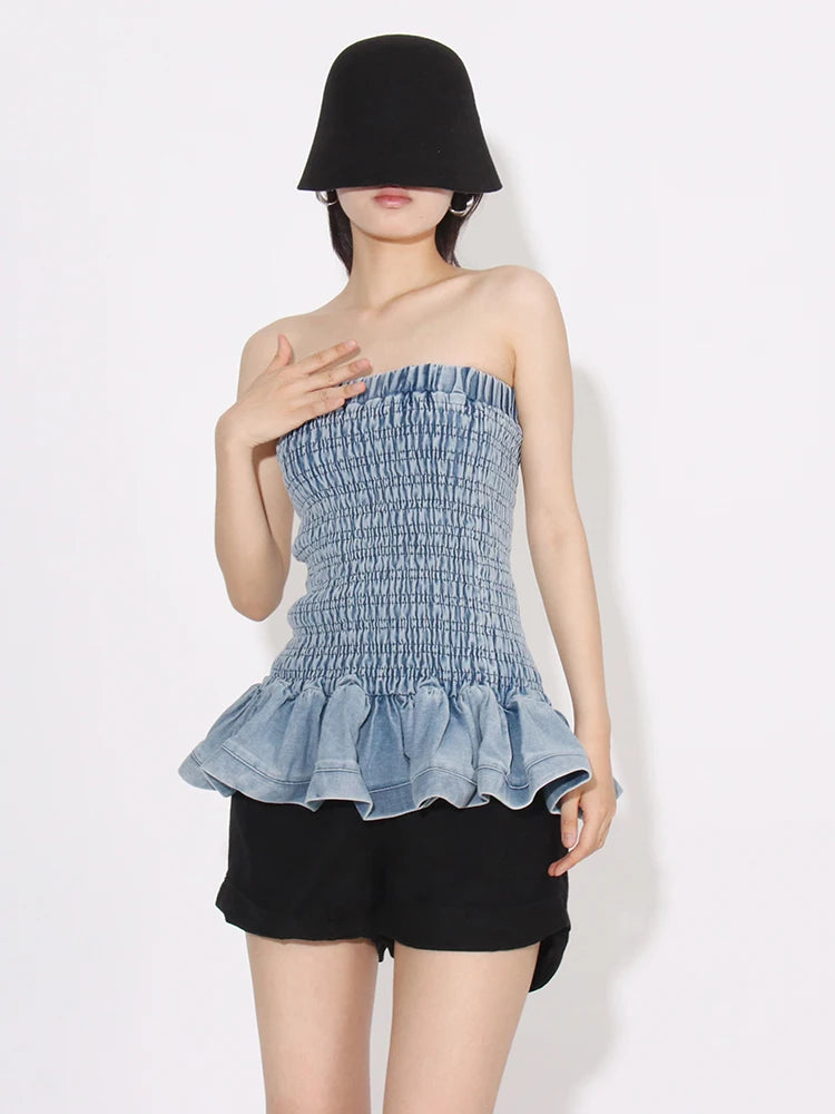 Denim Tube Top with Ruffle Hem Tube Tops | Chuzko.com