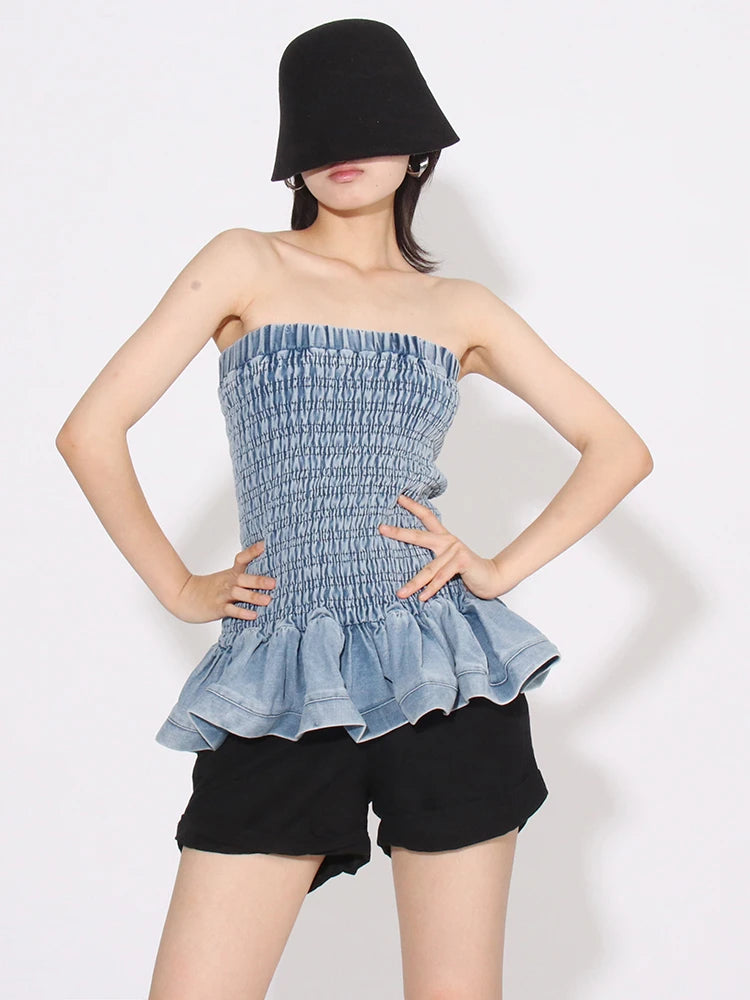 Denim Tube Top with Ruffle Hem Tube Tops | Chuzko.com