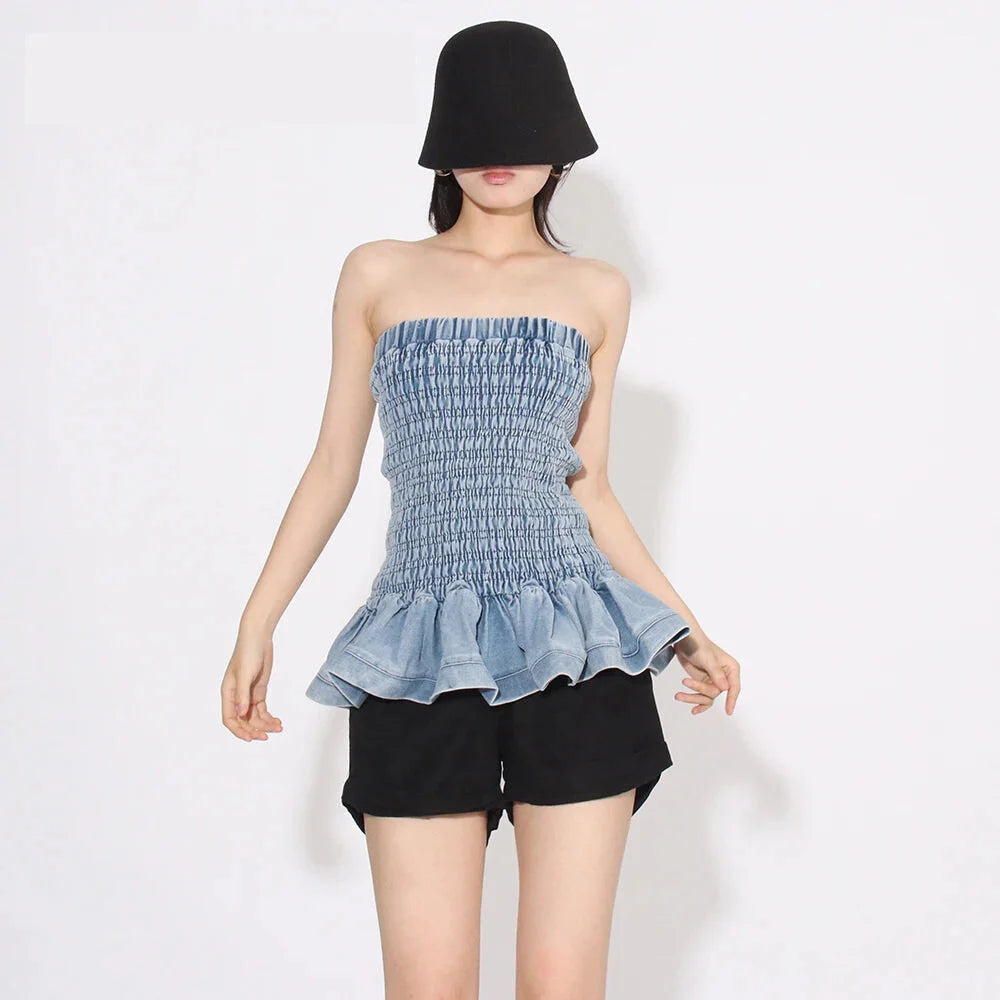 Denim Tube Top with Ruffle Hem	