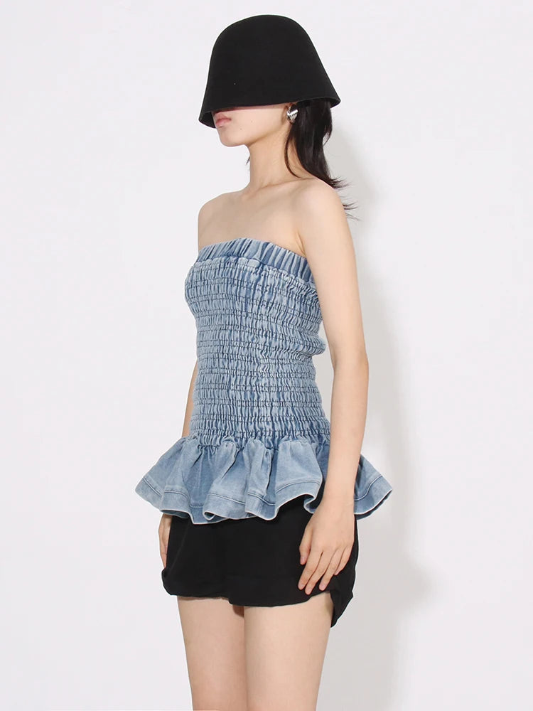 Denim Tube Top with Ruffle Hem Tube Tops | Chuzko.com