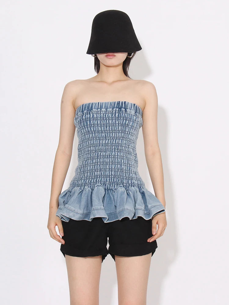 Denim Tube Top with Ruffle Hem Tube Tops | Chuzko.com