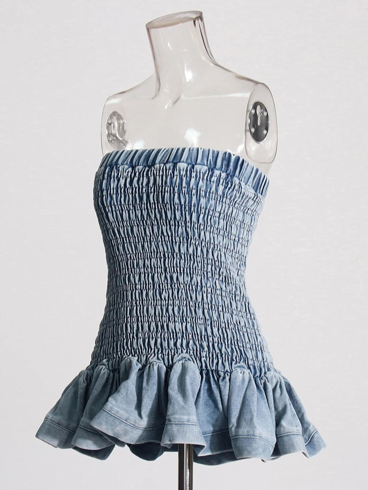 Denim Tube Top with Ruffle Hem Tube Tops | Chuzko.com