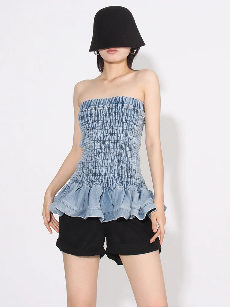 Denim Tube Top with Ruffle Hem Tube Tops | Chuzko.com