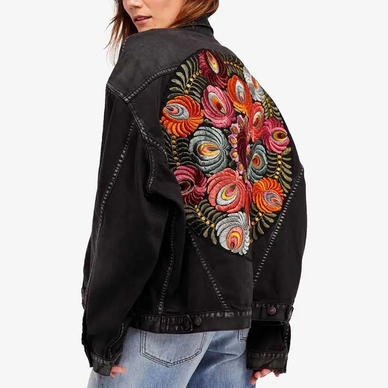 Floral Embroidered Patch on Back Denim Oversized Jacket Denim | Chuzko.com