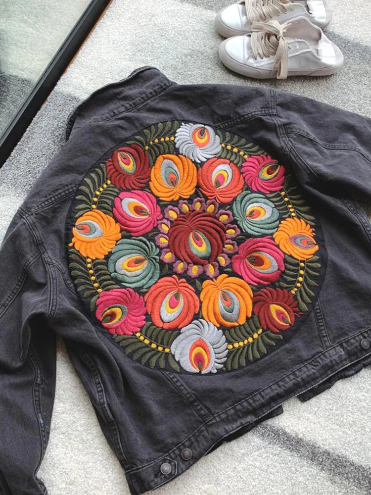 Floral Embroidered Patch on Back Denim Oversized Jacket Denim | Chuzko.com