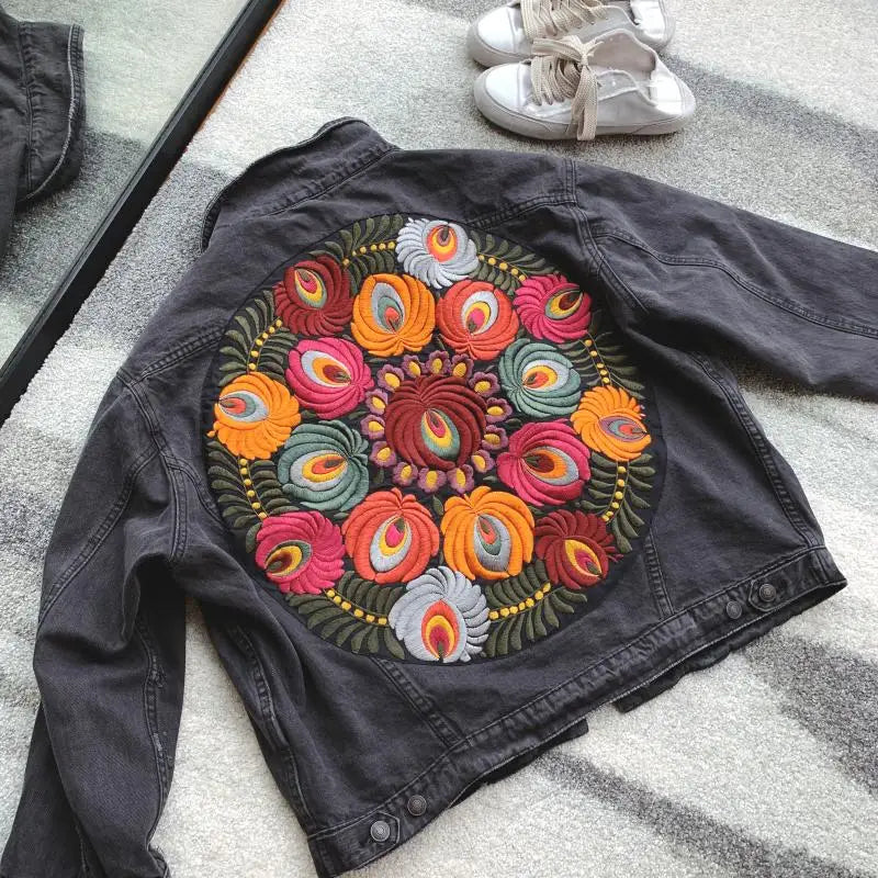 Floral Embroidered Patch on Back Denim Oversized Jacket Denim | Chuzko.com