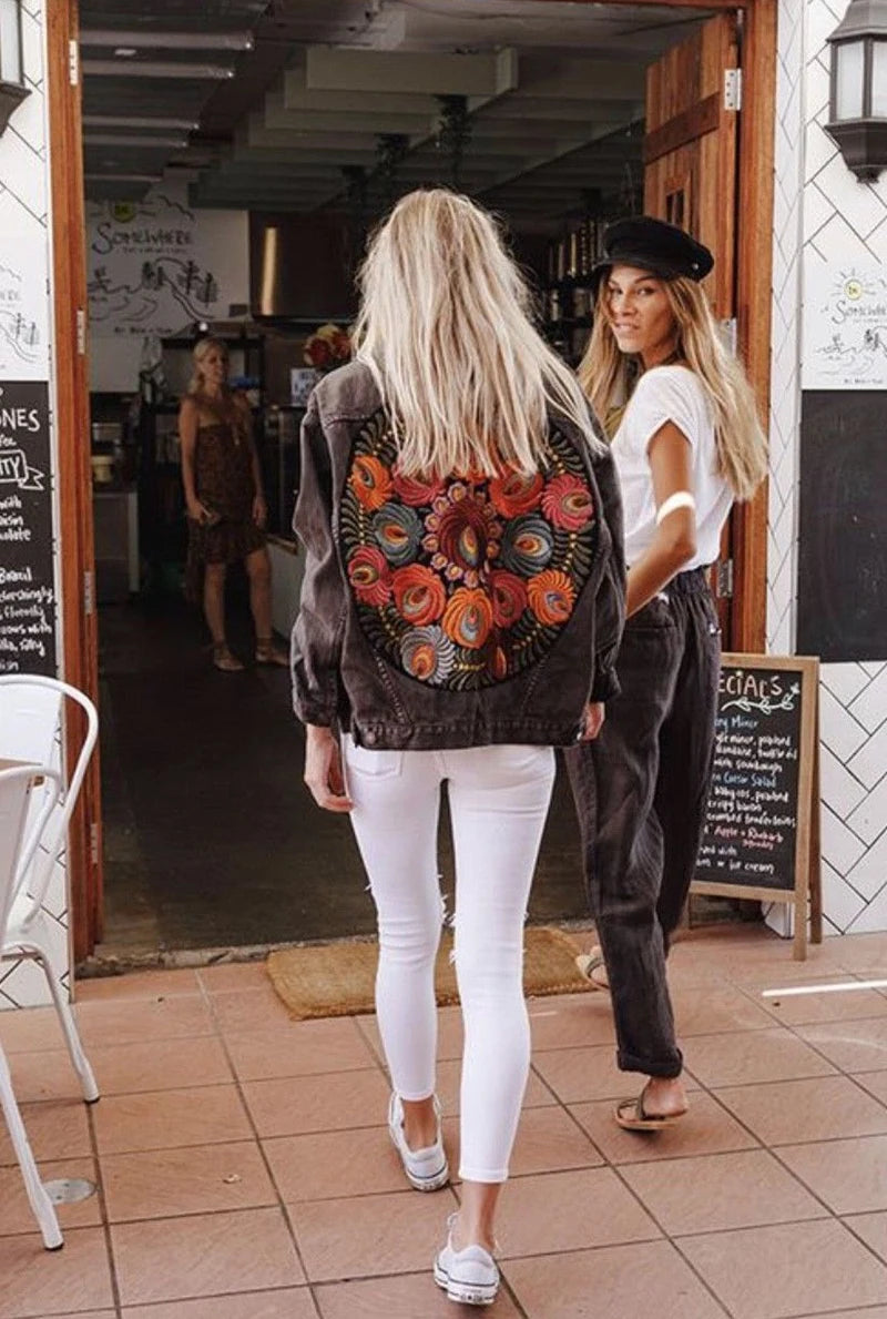 Floral Embroidered Patch on Back Denim Oversized Jacket Denim | Chuzko.com