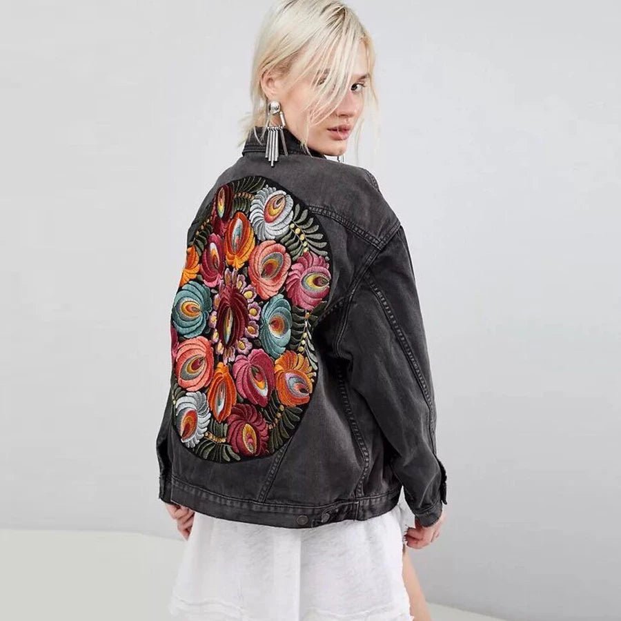 Floral Embroidered Patch on Back Denim Oversized Jacket Denim | Chuzko.com