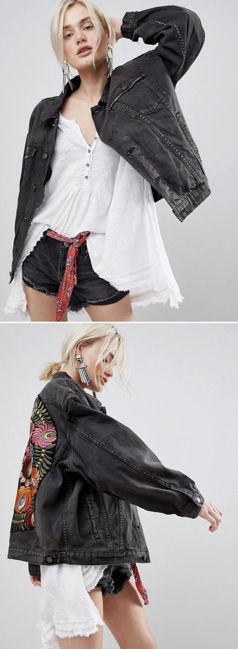 Floral Embroidered Patch on Back Denim Oversized Jacket Denim | Chuzko.com