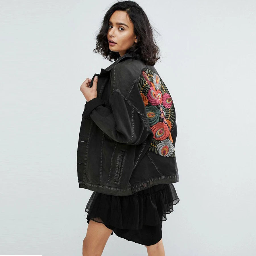 Floral Embroidered Patch on Back Denim Oversized Jacket Denim | Chuzko.com