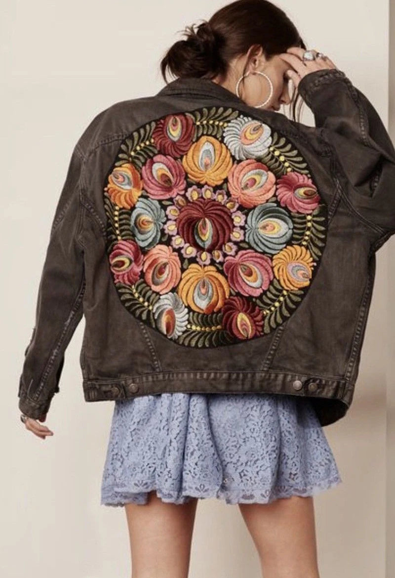 Floral Embroidered Patch on Back Denim Oversized Jacket Denim | Chuzko.com