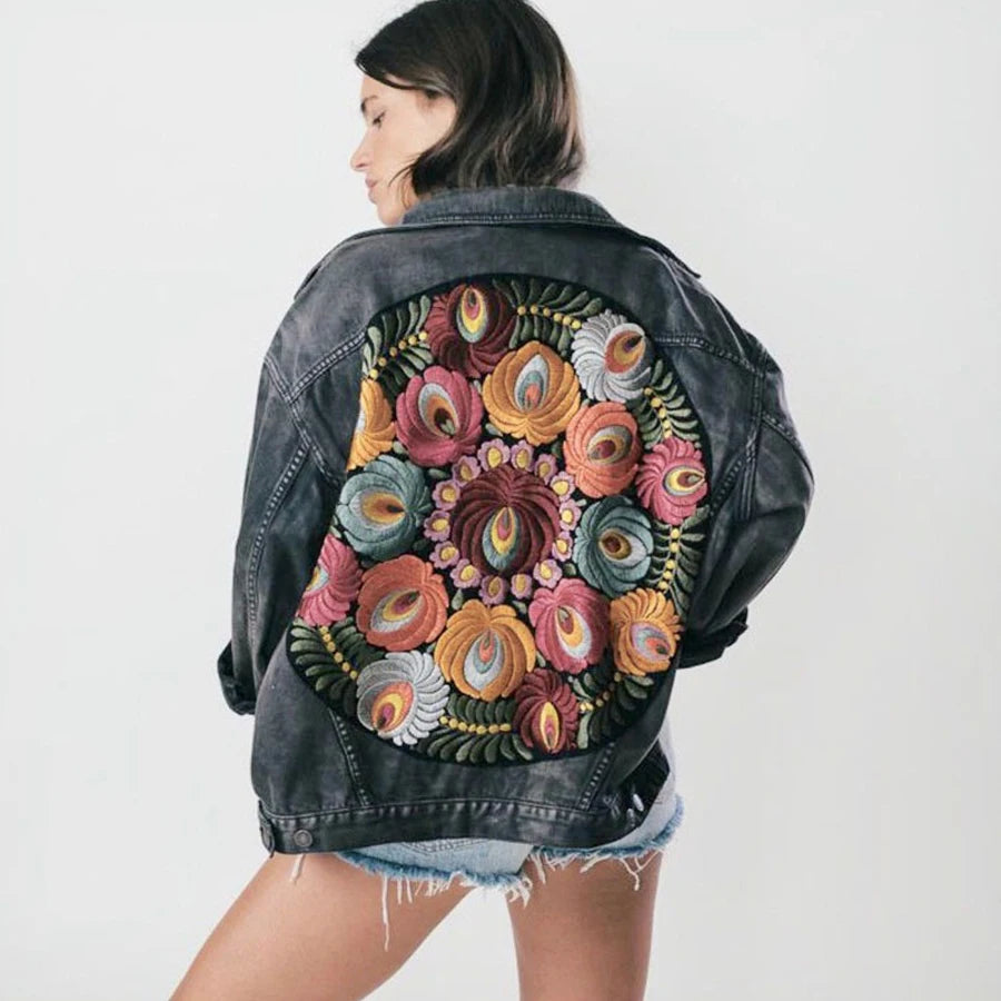 Floral Embroidered Patch on Back Denim Oversized Jacket Denim | Chuzko.com