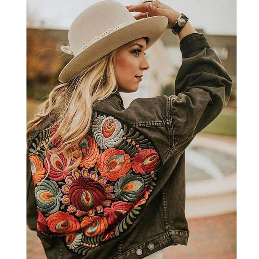 Floral Embroidered Patch on Back Denim Oversized Jacket	