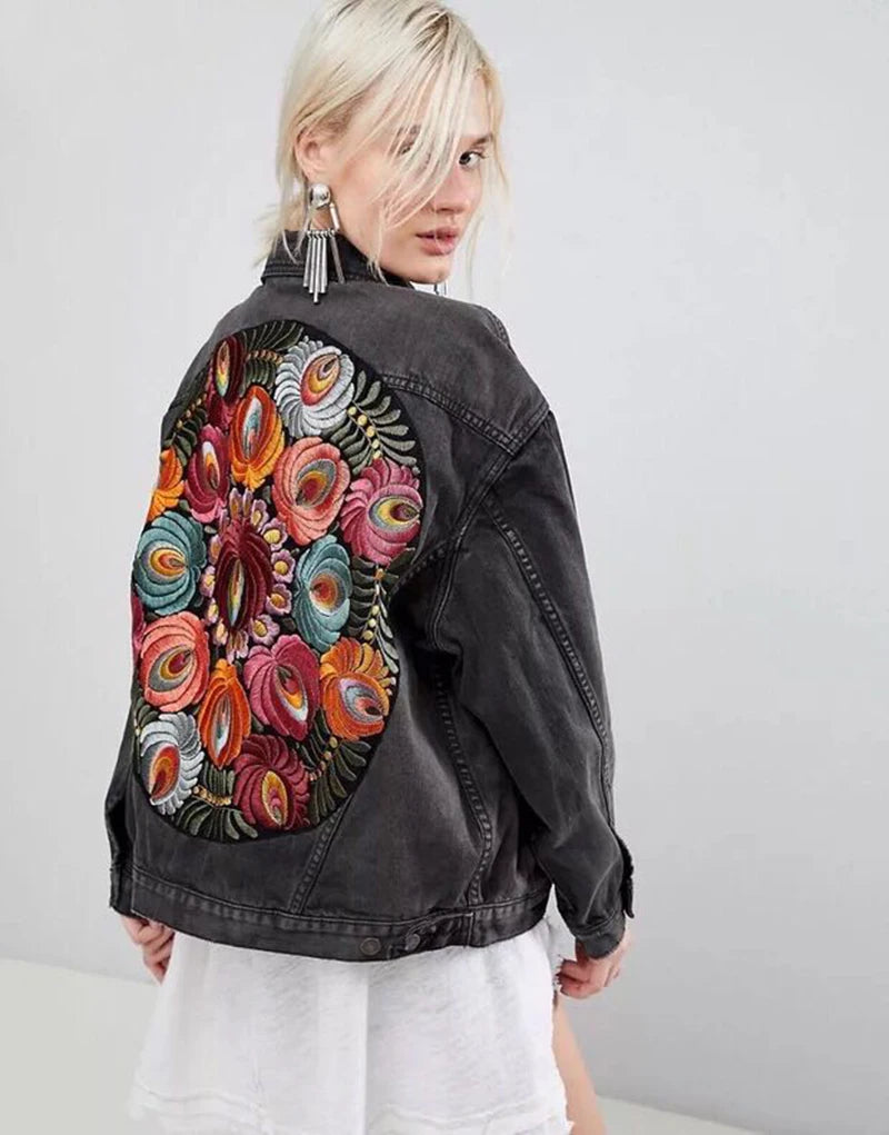 Floral Embroidered Patch on Back Denim Oversized Jacket Denim | Chuzko.com