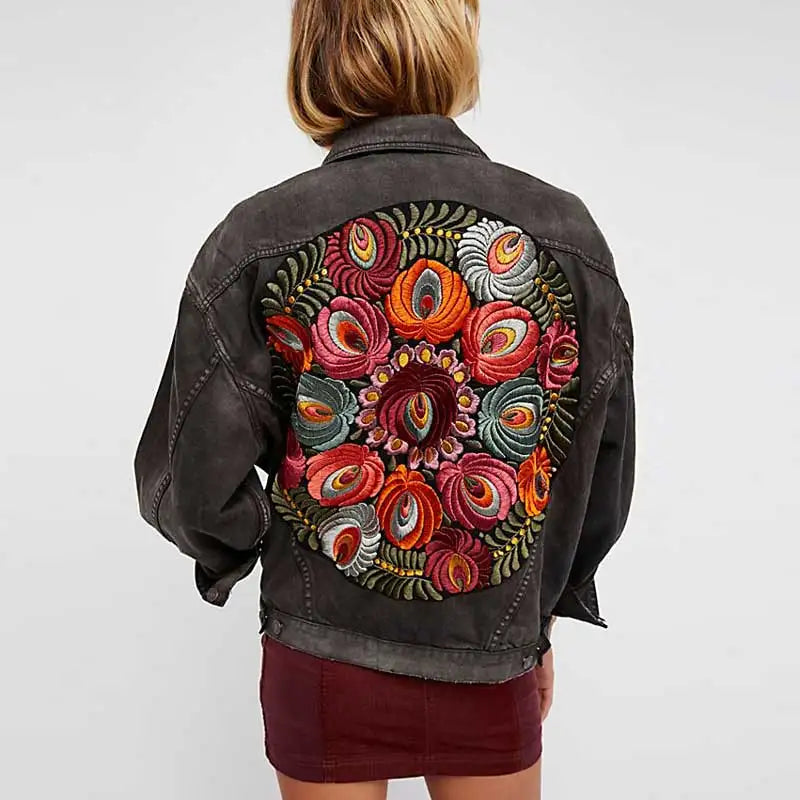 Floral Embroidered Patch on Back Denim Oversized Jacket Denim | Chuzko.com