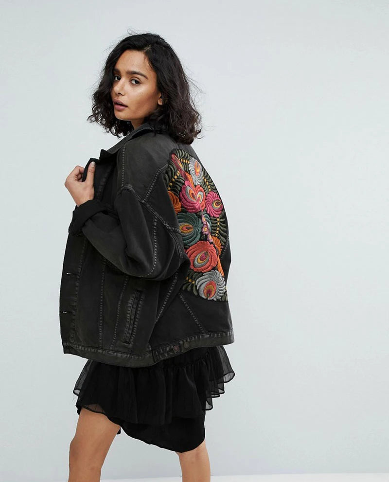 Floral Embroidered Patch on Back Denim Oversized Jacket Denim | Chuzko.com