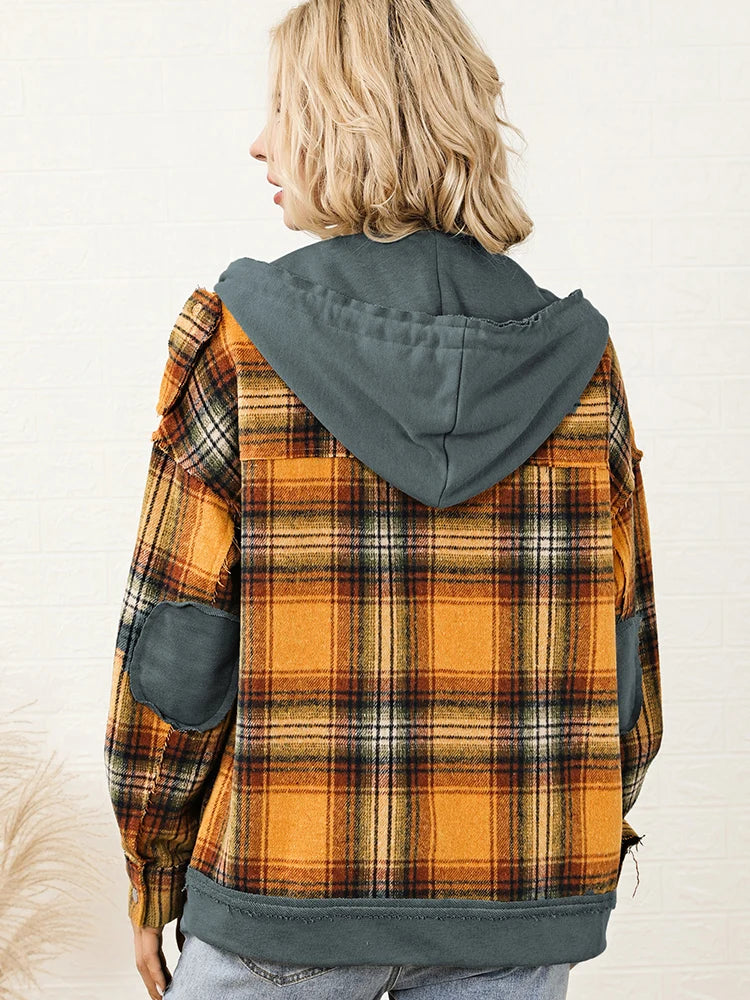 Orange Plaid Hooded Jacket Snap Button Elbow Pads Plaid Jackets | Chuzko.com