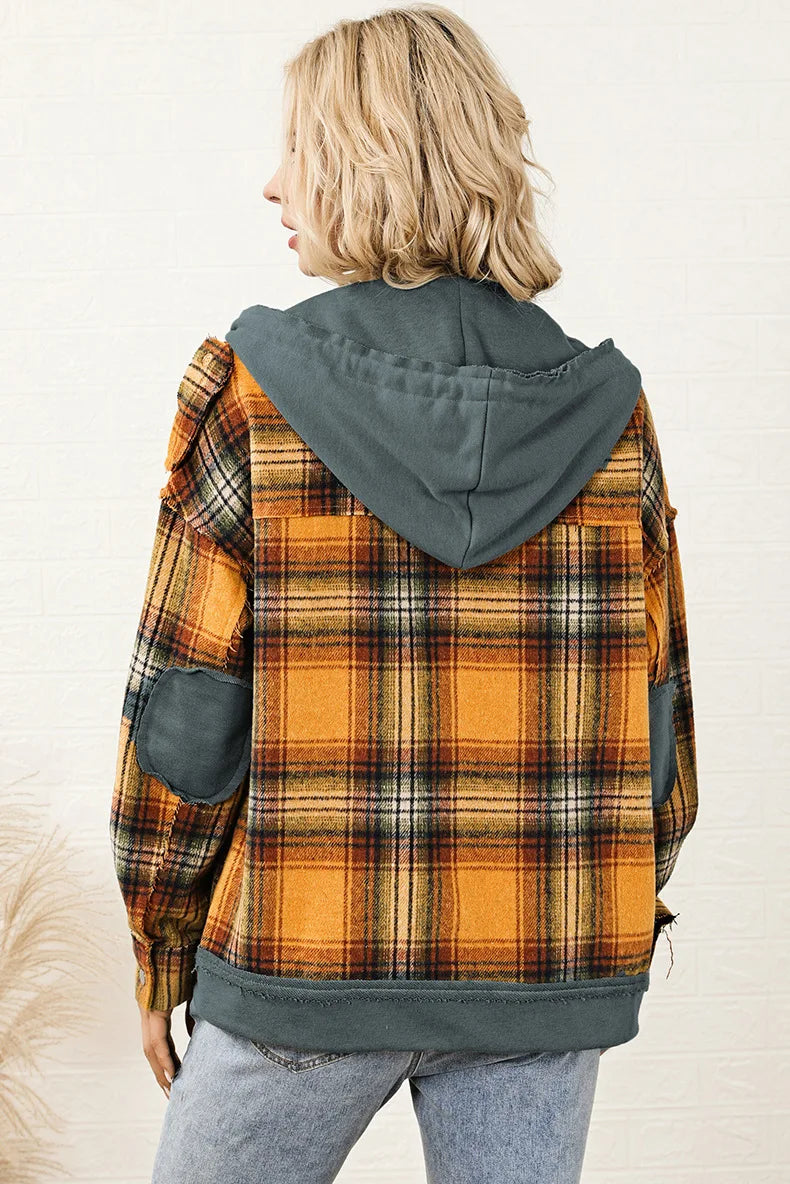 Orange Plaid Hooded Jacket Snap Button Elbow Pads Plaid Jackets | Chuzko.com