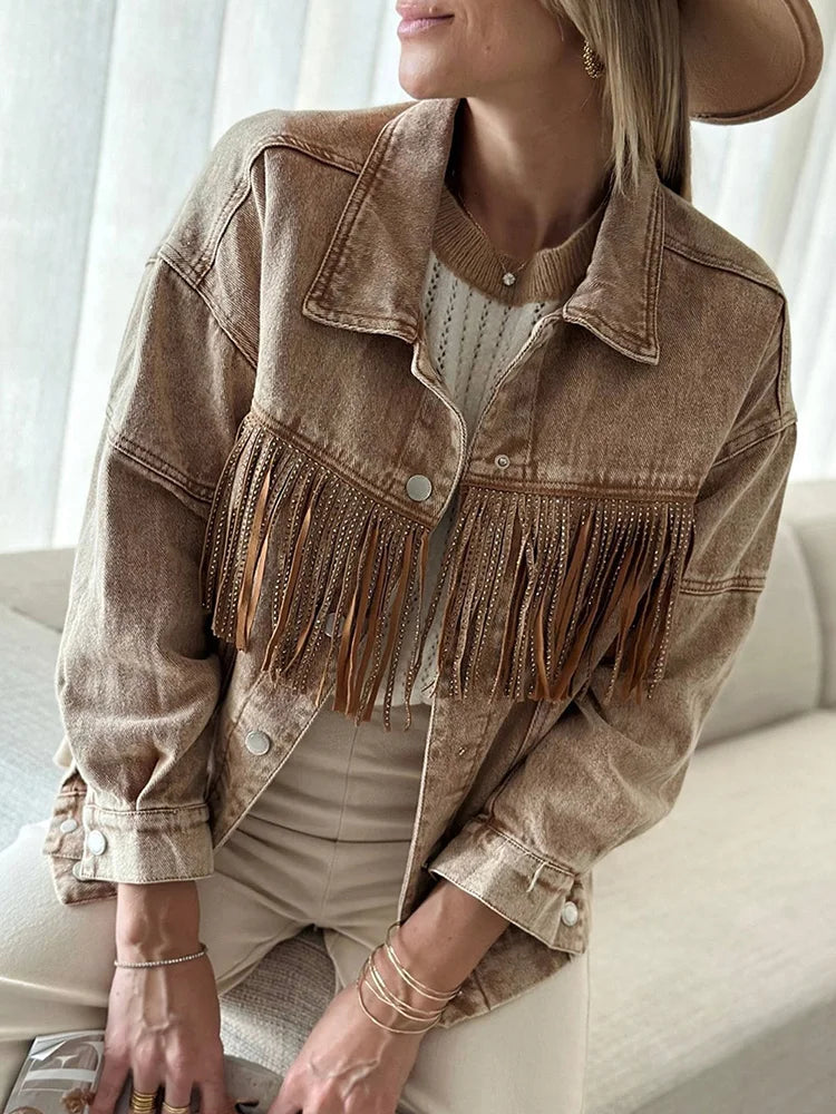 Retro Chic Denim Jacket with Fringe Flair	