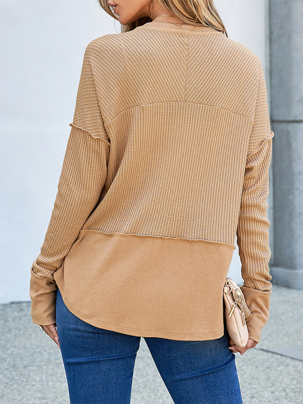 Waffle Knit & Solid Patchwork Casual Pullover Top Pullover Tops | Chuzko.com