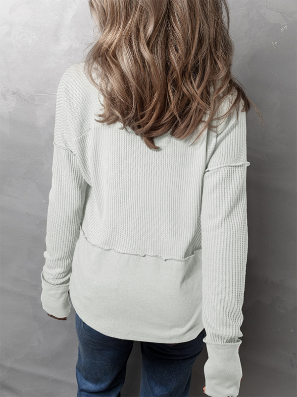 Waffle Knit & Solid Patchwork Casual Pullover Top Pullover Tops | Chuzko.com