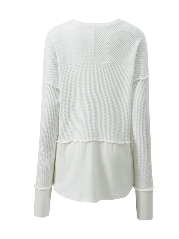 Waffle Knit & Solid Patchwork Casual Pullover Top Pullover Tops | Chuzko.com