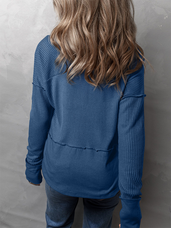 Waffle Knit & Solid Patchwork Casual Pullover Top Pullover Tops | Chuzko.com