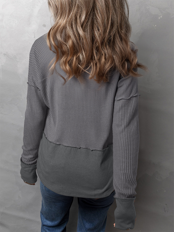 Waffle Knit & Solid Patchwork Casual Pullover Top Pullover Tops | Chuzko.com