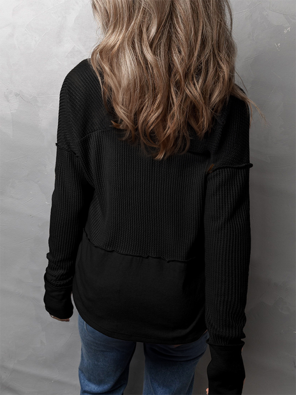 Waffle Knit & Solid Patchwork Casual Pullover Top Pullover Tops | Chuzko.com