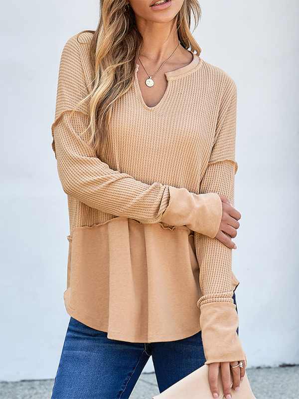 Waffle Knit & Solid Patchwork Casual Pullover Top Pullover Tops | Chuzko.com