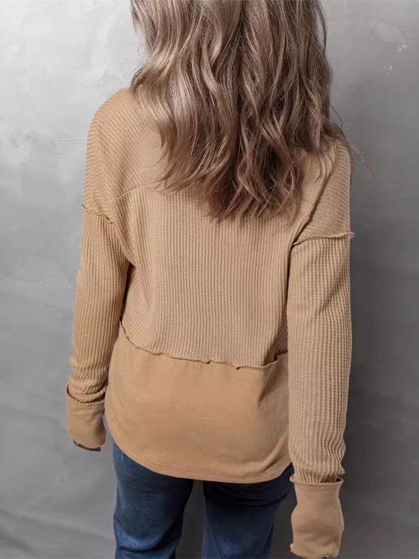 Waffle Knit & Solid Patchwork Casual Pullover Top Pullover Tops | Chuzko.com