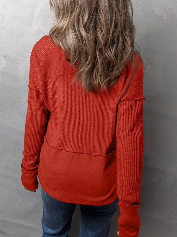 Waffle Knit & Solid Patchwork Casual Pullover Top Pullover Tops | Chuzko.com