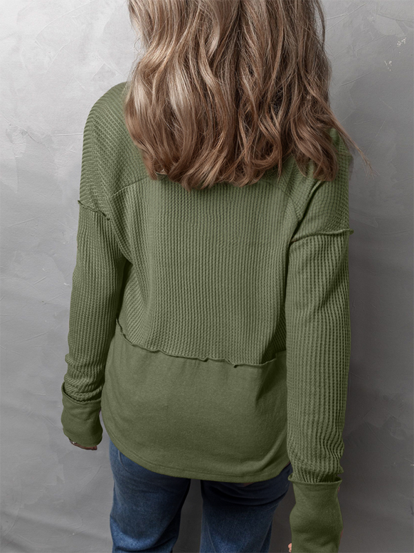 Waffle Knit & Solid Patchwork Casual Pullover Top Pullover Tops | Chuzko.com