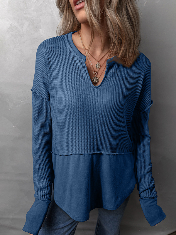 Waffle Knit & Solid Patchwork Casual Pullover Top Pullover Tops | Chuzko.com