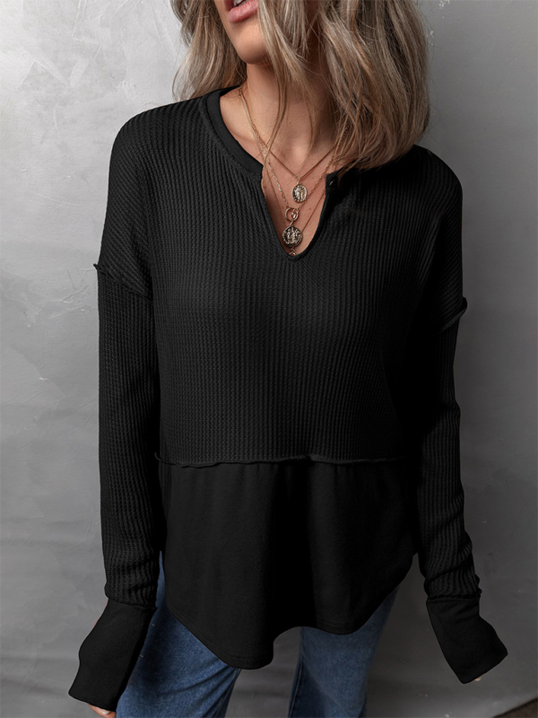 Waffle Knit & Solid Patchwork Casual Pullover Top Pullover Tops | Chuzko.com