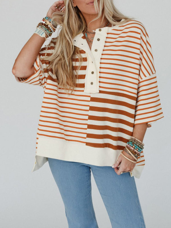 Oversized High-Low & Bold Stripes Half Button Up Pullover Top	