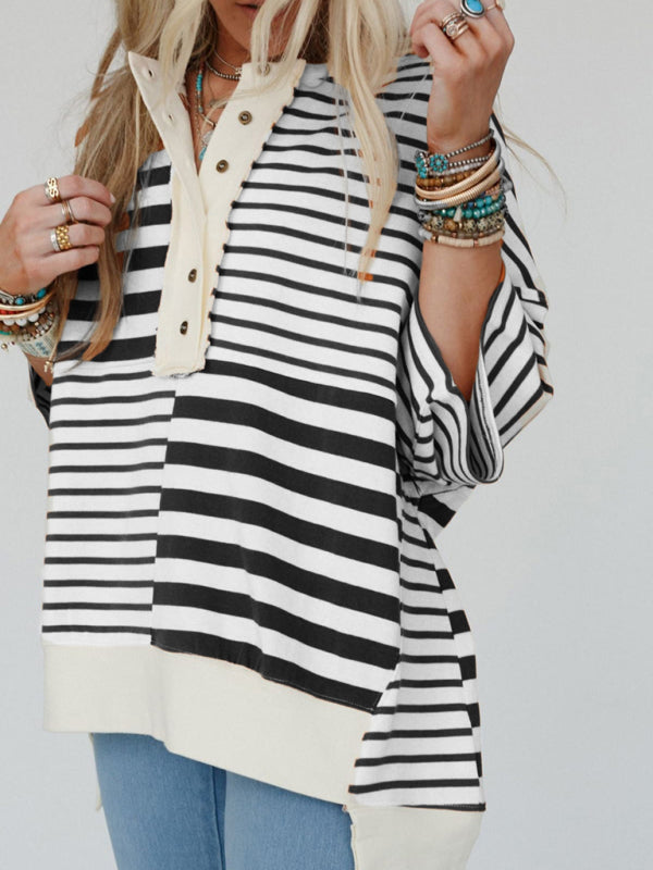 Oversized High-Low & Bold Stripes Half Button Up Pullover Top | Chuzko.com