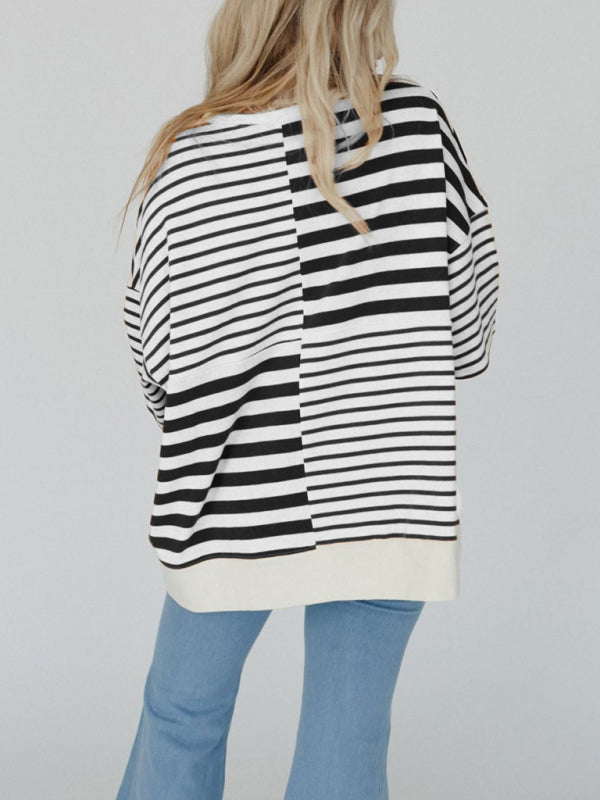 Oversized High-Low & Bold Stripes Half Button Up Pullover Top | Chuzko.com