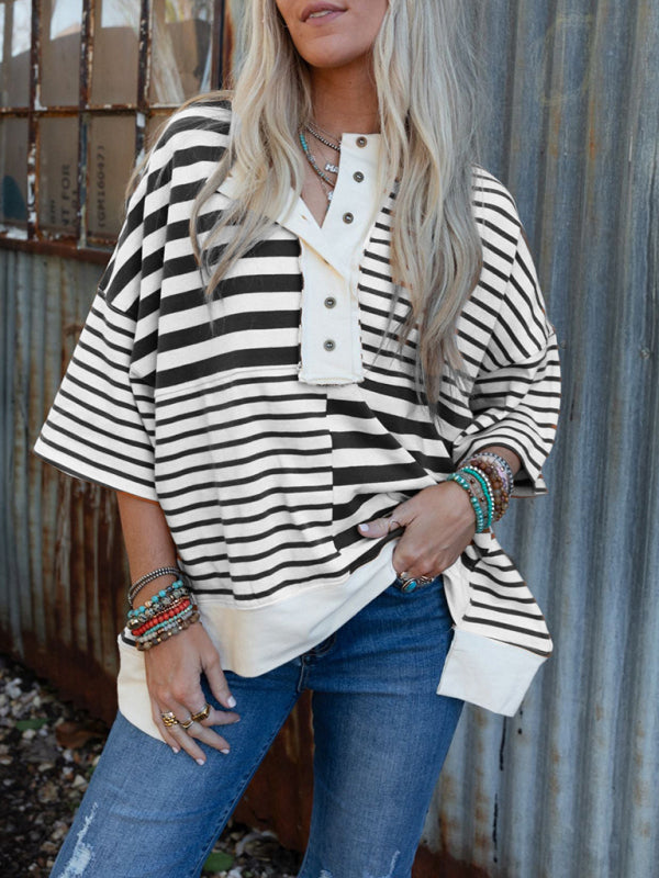 Oversized High-Low & Bold Stripes Half Button Up Pullover Top | Chuzko.com