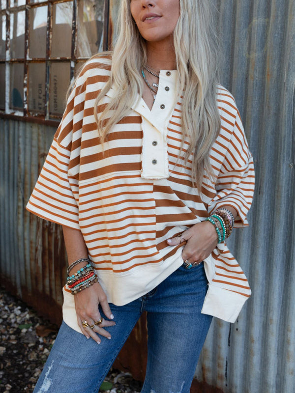 Oversized High-Low & Bold Stripes Half Button Up Pullover Top | Chuzko.com